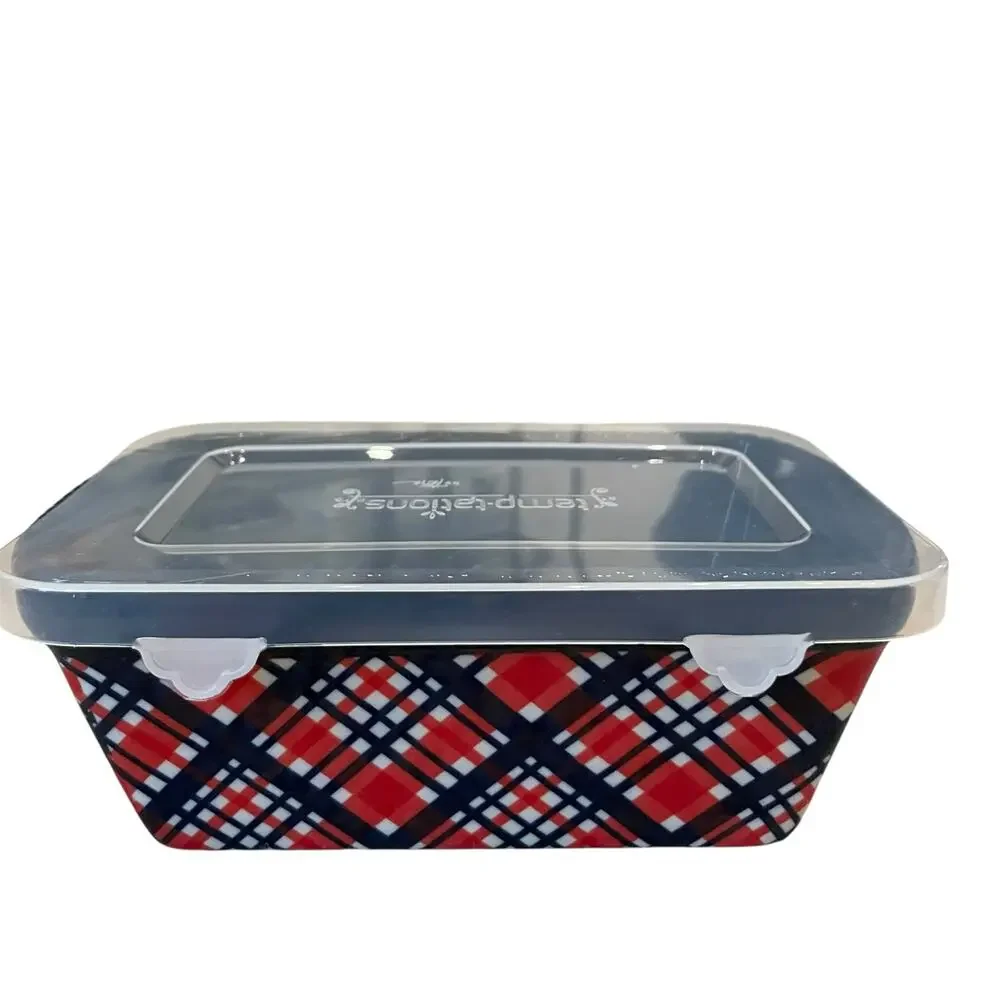 Temptations by Tara Mini Ceramic Loaf Pan w/ Lid 12oz Holiday Plaid Bakeware NEW
